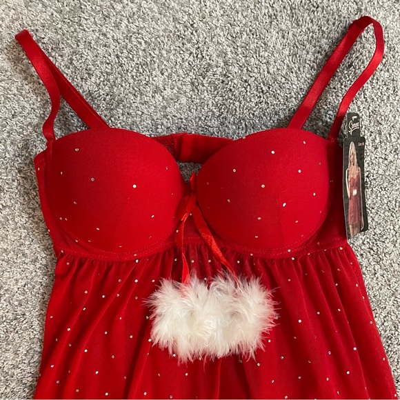 New Spree Size M Santa Red Sheer Babydoll Lingerie & G-String W/ Sequins - Picture 2 of 10